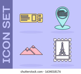 Set Postal stamp and Eiffel tower, Travel ticket, Mountains and Map pointer with Coliseum in Rome, Italy icon. Vector