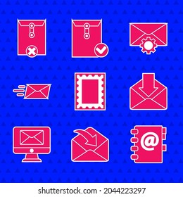 Set Postal stamp, Envelope, Address book, Monitor and envelope, Express, setting and Delete icon. Vector