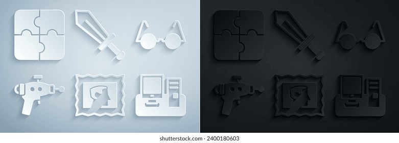 Briefmarke, Brille, Kanonengewehr, Monitor mit Tastatur, Schwert für Spiel und Puzzle-Icon. Vektorgrafik