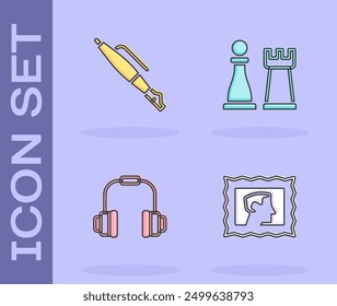Set Postal stamp, Fountain pen nib, Headphones and Chess icon. Vector