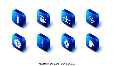 Set Postal stamp, Gamepad, Target sport, Oven glove, American Football ball, Kitchen whisk, Casino chips and Pencil with eraser icon. Vector