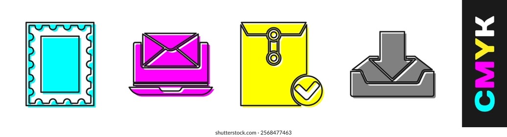 Set Postal stamp, Laptop with envelope, Envelope and check mark and Download inbox icon. Vector