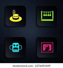 Set Postal stamp, Man hat, School backpack and Pendulum. Black square button. Vector