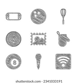 Set Postal stamp, Microphone, Wi-Fi wireless internet network, Oven glove, Billiard pool snooker ball, Vinyl disk, Kitchen whisk and Portable video game console icon. Vector