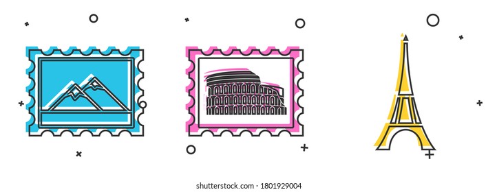 Set Postal stamp and Mountains, Postal stamp and Coliseum and Eiffel tower icon. Vector