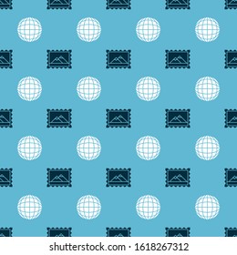 Set Postal stamp and Mountains and Earth globe on seamless pattern. Vector