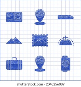 Set Postal stamp and Mountains, Map pointer with mountain, Passport ticket, Globe flying plane, Suitcase for travel, Train and Action extreme camera icon. Vector