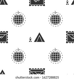 Set Postal stamp and Mountains, Tourist tent with wood fire and Globe with flying plane on seamless pattern. Vector