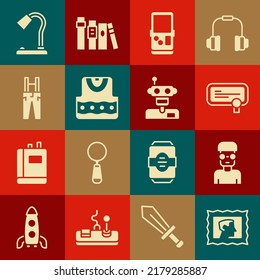 Set Postal stamp, Nerd geek, Certificate template, Tetris, Waistcoat, Pants with suspenders, Table lamp and Robot icon. Vector