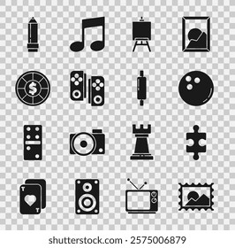 Set Postal stamp, Piece of puzzle, Bowling ball, Easel or painting art boards, Gamepad, Casino chips, Pencil with eraser and Rolling pin icon. Vector