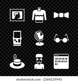 Fijar sello postal, suéter, corbata de vaca, sombrero de hombre, geek de nerd, código binario, tetris e icono del globo terrestre. Vector