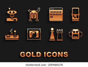 Set Postal stamp, Tetris, School backpack, Chess, Gamepad, Binary code, Robot and Viking horned helmet icon. Vector