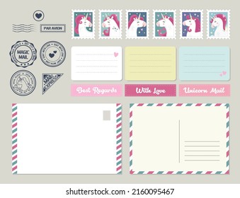 Set of postal stamps, cards, special marks and empty space for address or receiver name. Unicorn mail letters. Cartoon style. Pastel colors. Cute magic pony theme.