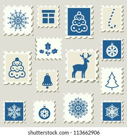 Set of postal stamps with Christmas decoration symbols. Vector illustration.
