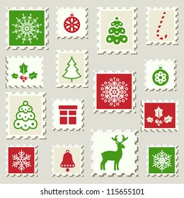 Set of postal stamps with Christmas decoration symbols. Vector illustration.