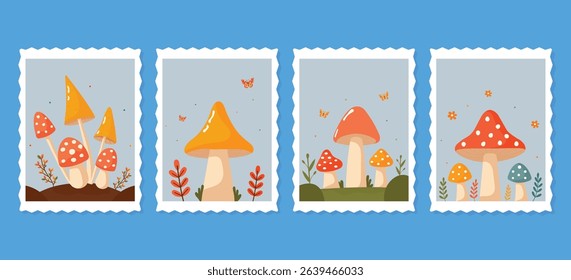 set of postal stamps with different mushrooms flat vector illustration.