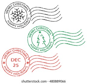 Set of postal stamps ''Merry Christmas-happy holidays''. Black, green and red. Grunge texture.