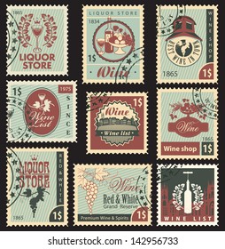 set of postal stamps on theme of wine and liquor