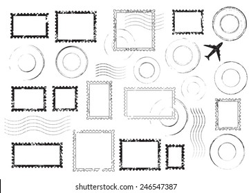 Set of postal stamps and postmarks, black isolated on white background, vector illustration.
