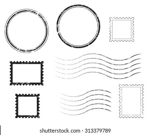 Set of postal stamps and postmarks, black isolated on white background, vector illustration.