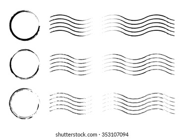 Set of postal stamps and postmarks, black isolated on white background, vector illustration.