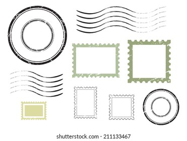 Set of postal stamps and postmarks, isolated on white background, vector illustration.