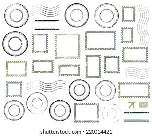 Set of postal stamps and postmarks, isolated on white background, vector illustration.