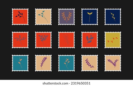 Set of postal stamps and postmarks isolated on black background, vector illustration.