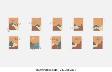 Set of postal stamps and postmarks, isolated on white background, vector illustration.