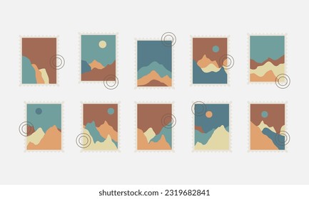 Set of postal stamps and postmarks, isolated on white background, vector illustration.