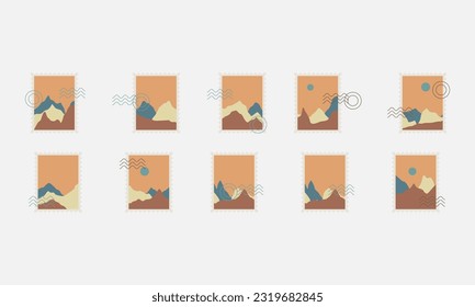Set of postal stamps and postmarks, isolated on white background, vector illustration.