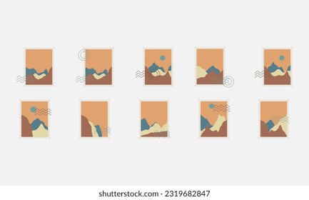 Set of postal stamps and postmarks, isolated on white background, vector illustration.