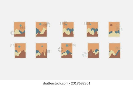 Set of postal stamps and postmarks, isolated on white background, vector illustration.