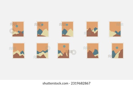 Set of postal stamps and postmarks, isolated on white background, vector illustration.