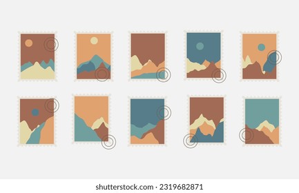 Set of postal stamps and postmarks, isolated on white background, vector illustration.