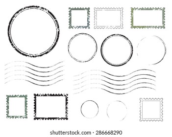 Set of postal stamps and postmarks, isolated on white background, vector illustration.