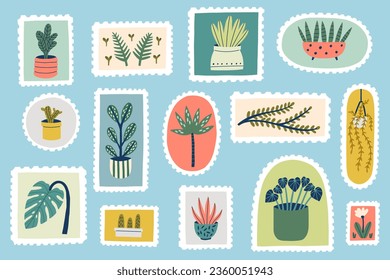 Set Postal Stump Houseplant. Trendy Collection Paper Postmarks. Vector Illustration in hand drawn style