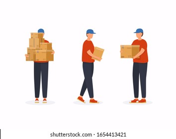 Set of postal workers in different poses. Courier or delivery service. Men characters with parcels packages boxes. 