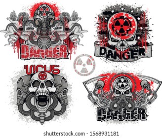 set post-apocalypse emblem with skull, grunge vintage design t shirts