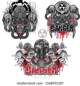 set post-apocalypse emblem with skull, grunge vintage design t shirts