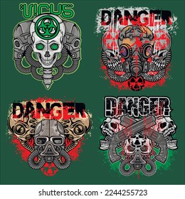 set post-apocalypse sign with skull and gas mask , grunge vintage design t shirts