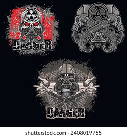 set, post-apocalypse sign with skull and gas mask, grunge vintage design t shirts