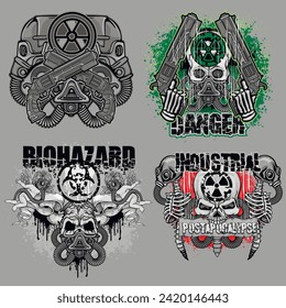 set, post-apocalypse sign with skull and gas mask (Hand drawn vector image), grunge vintage design t shirts