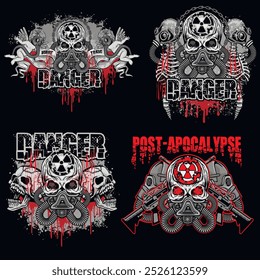 set, post-apocalypse sign with skull and gas mask, grunge vintage design t shirts