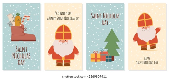 Set of postcard, banner, card for Saint Nicholas Day. Sinterklaas Eve. Cute character gnome, christmas tree, gifts box, shoe with carrot, note, lollipop candy. Vector flat illustration.