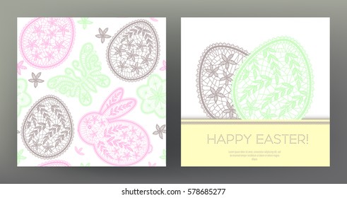 Set of postcard or banner for Happy Easter Day with lace eggs and cute rabbits and seamless pattern. Graphically, silhouette drawing. Stock line vector illustration.