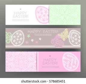 Set of postcard or banner for Happy Easter Day with lace eggs and cute rabbits. Graphically, silhouette drawing. Stock line vector illustration.