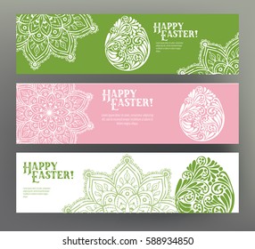 Set of postcard or banner for Happy Easter Day with eggs and decor element in green and pink colors. Stock line vector illustration.