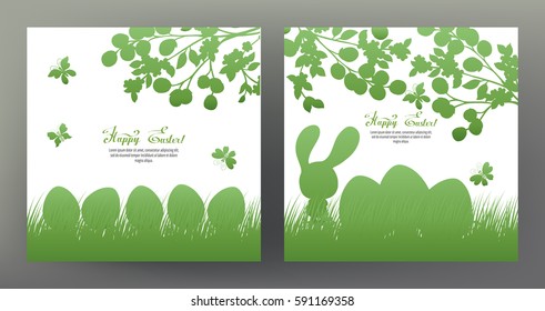 Set of postcard or banner for Happy Easter Day with eggs and cute rabbits in green grass. Graphically, silhouette drawing. Stock line vector illustration.