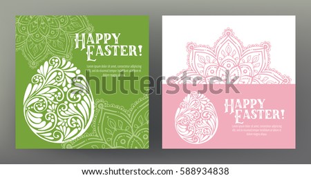 Set of postcard or banner for Happy Easter Day with eggs and decor element in green and pink colors. Stock line vector illustration.